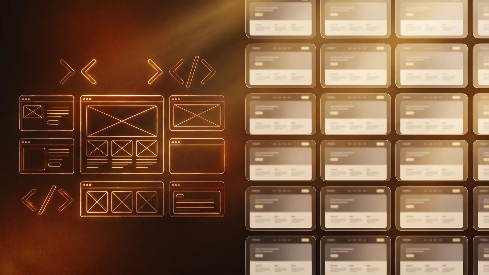 Custom-coded website building blocks contrasted with a grid of identical template cards