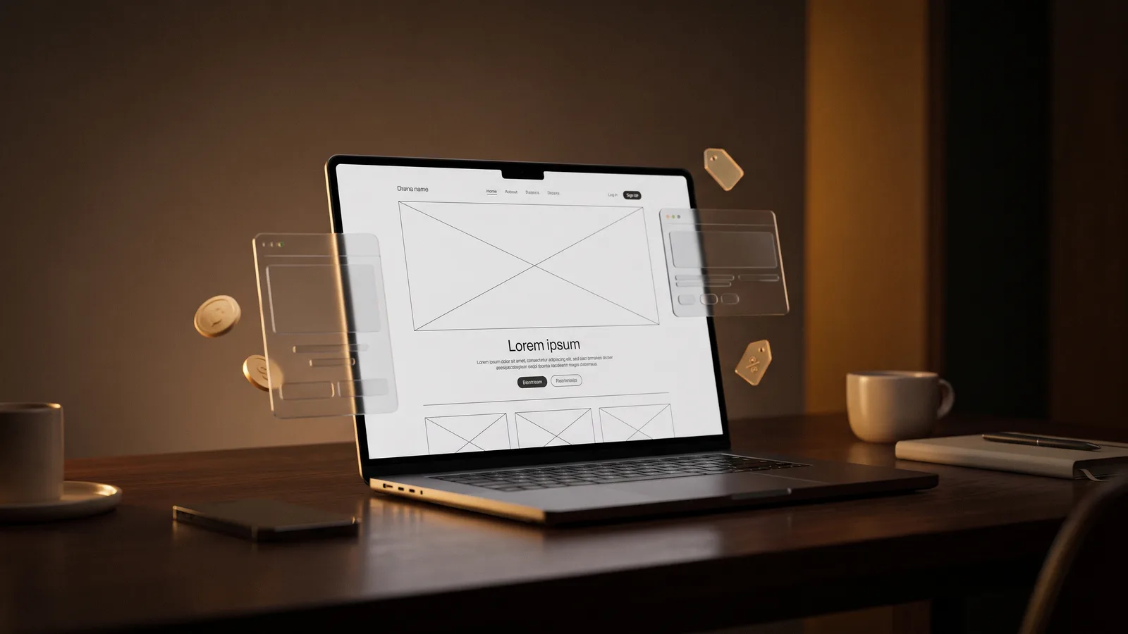 Laptop on a designer's desk showing a website layout with subtle budget and price motifs